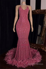 2026 Charming Mermaid Hot Pink Sequence With Feathers Halter Backless Prom Dresses