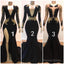 2025 Black Mermaid Long Sleeves V Neck Gold Appliques Prom Dresses