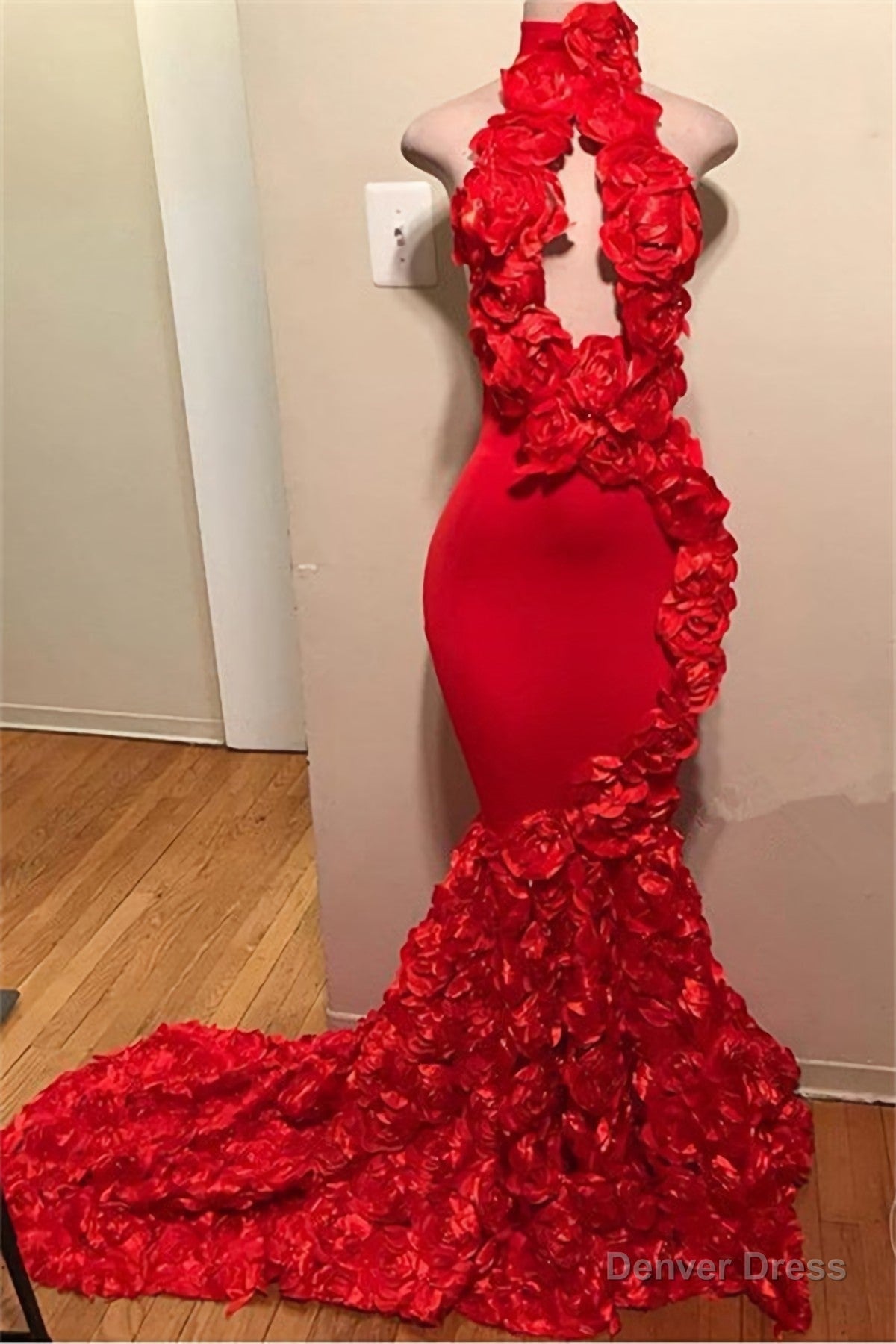 Red Mermaid High Neck Rose Open Front Backless 2026 Prom Dresses Main image
