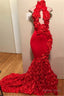 Red Mermaid High Neck Rose Open Front Backless 2025 Prom Dresses