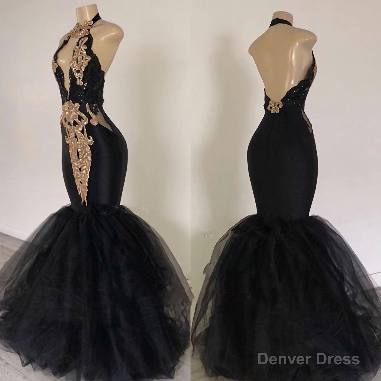 2025 Sexy Prom Dresses, Black Mermaid Tulle With Gold Appliques V Neck Backless Main image