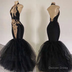 2025 Sexy Prom Dresses, Black Mermaid Tulle With Gold Appliques V Neck Backless