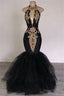 2025 Sexy Prom Dresses, Black Mermaid Tulle With Gold Appliques V Neck Backless