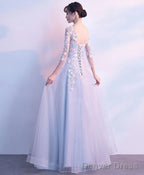 Gray Round Neck Tulle Lace Applique Long Prom Dress Gray Prom Dresses