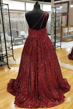 Wine Red Sequin One Shoulder Ball Gowns
