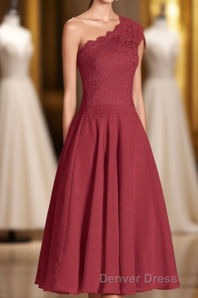 One Shoulder Burgundy Lace A Line Short Bridesmaid Dresses Main image