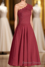 One Shoulder Burgundy Lace A Line Short Bridesmaid Dresses