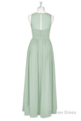 Sage Green Chiffon Sheer Neck A-Line Long Bridesmaid Dress