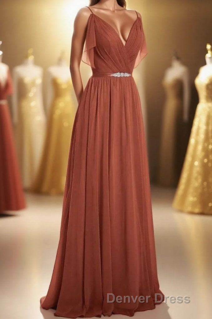 Rust Orange Chiffon Cold-Shoulder Long Bridesmaid Dresses Main image