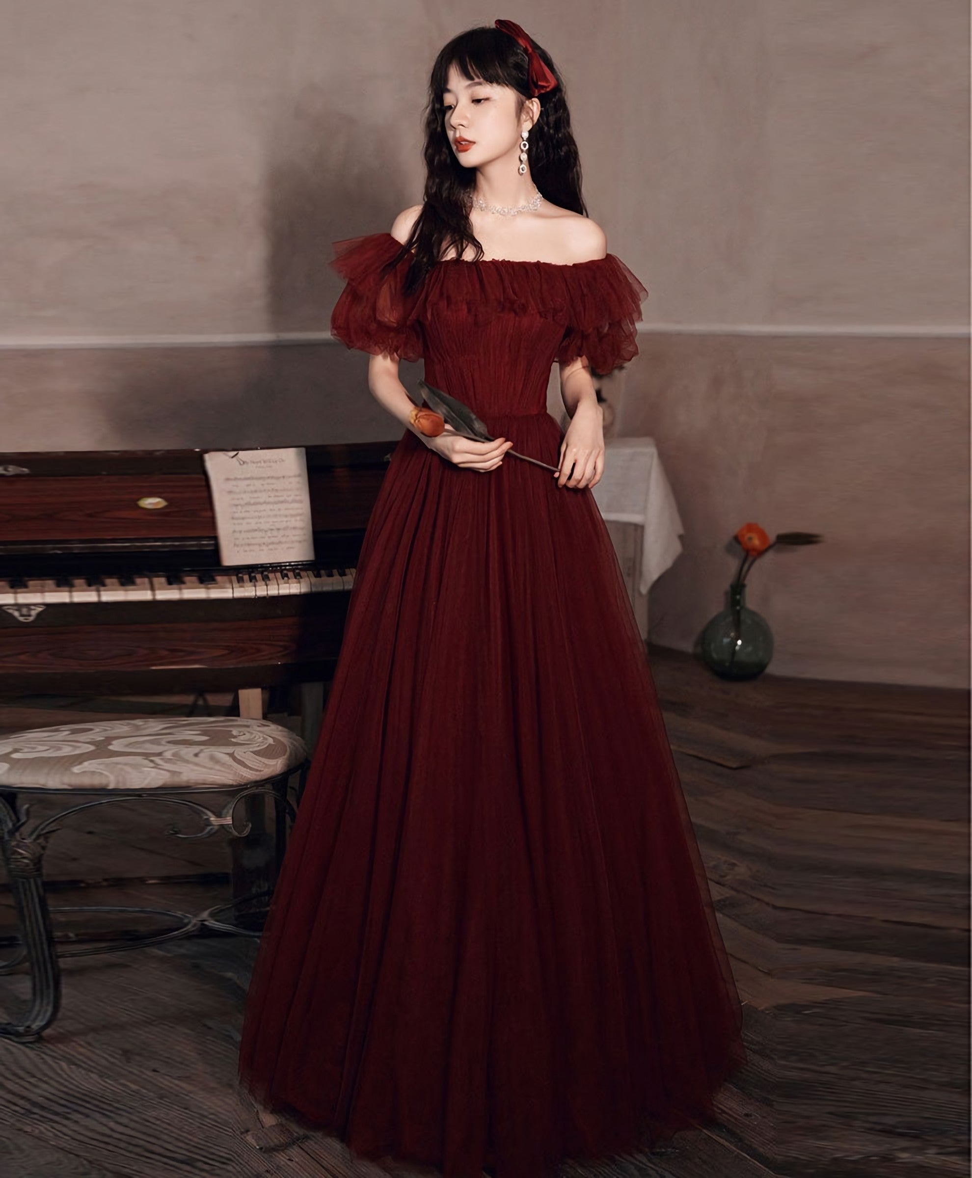 Simple Burgundy Off Shoulder Tulle Long Prom Dress Burgundy Prom Dresses