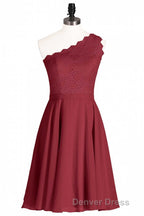 One Shoulder Burgundy Lace A Line Short Bridesmaid Dresses