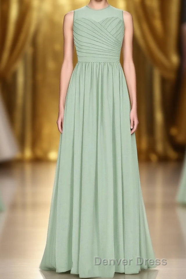 Sage Green Chiffon Sheer Neck A-Line Long Bridesmaid Dresses