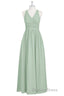 Sage Green V Neck Backless A Line Bridesmaid Dresses