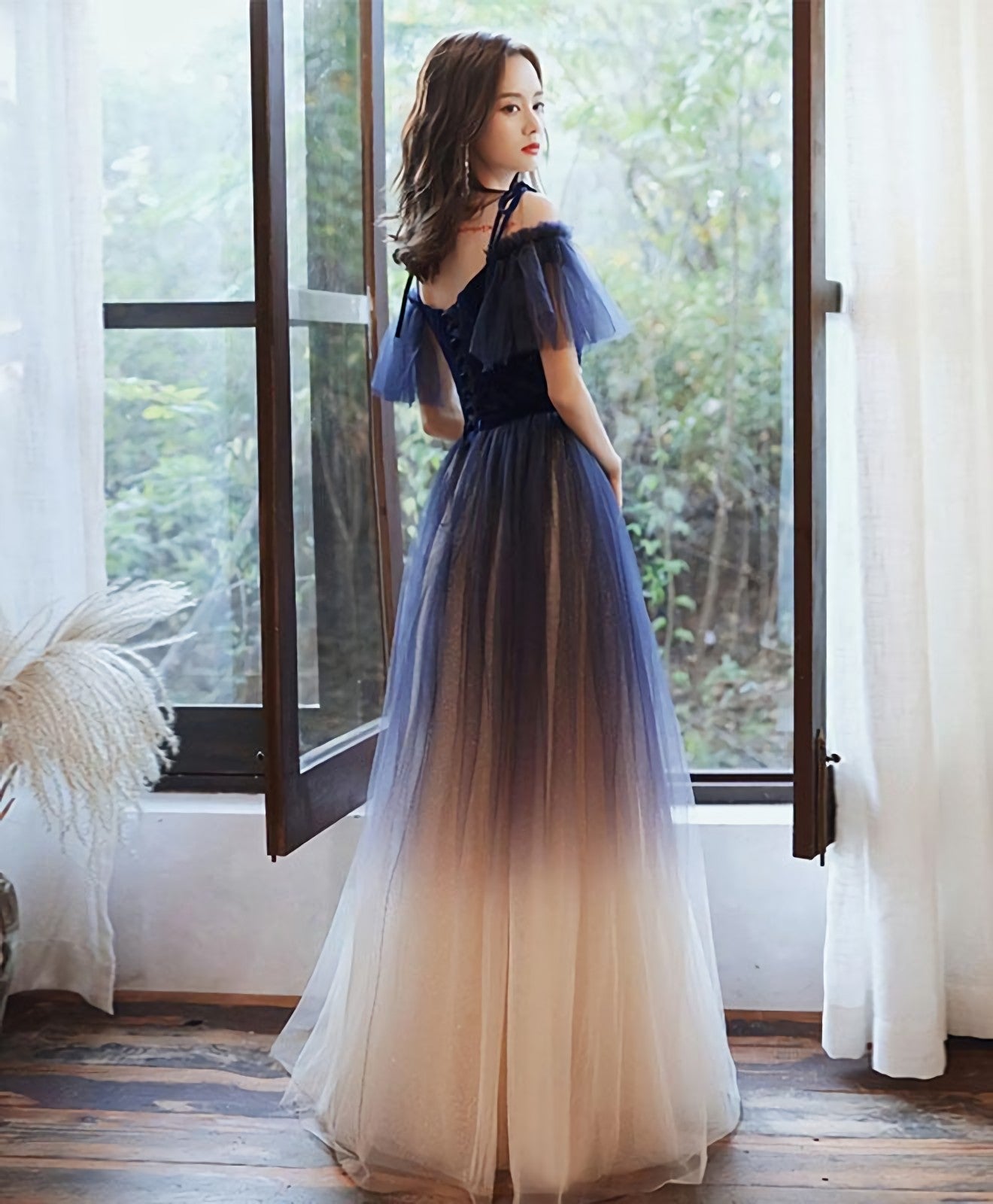 Blue Sweetheart Tulle Off Shoulder Long Prom Dress, Blue Prom Dresses