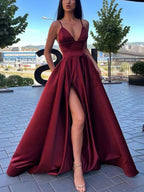 Simple A Line V Neck Satin Long Prom Dress Satin Prom Dresses