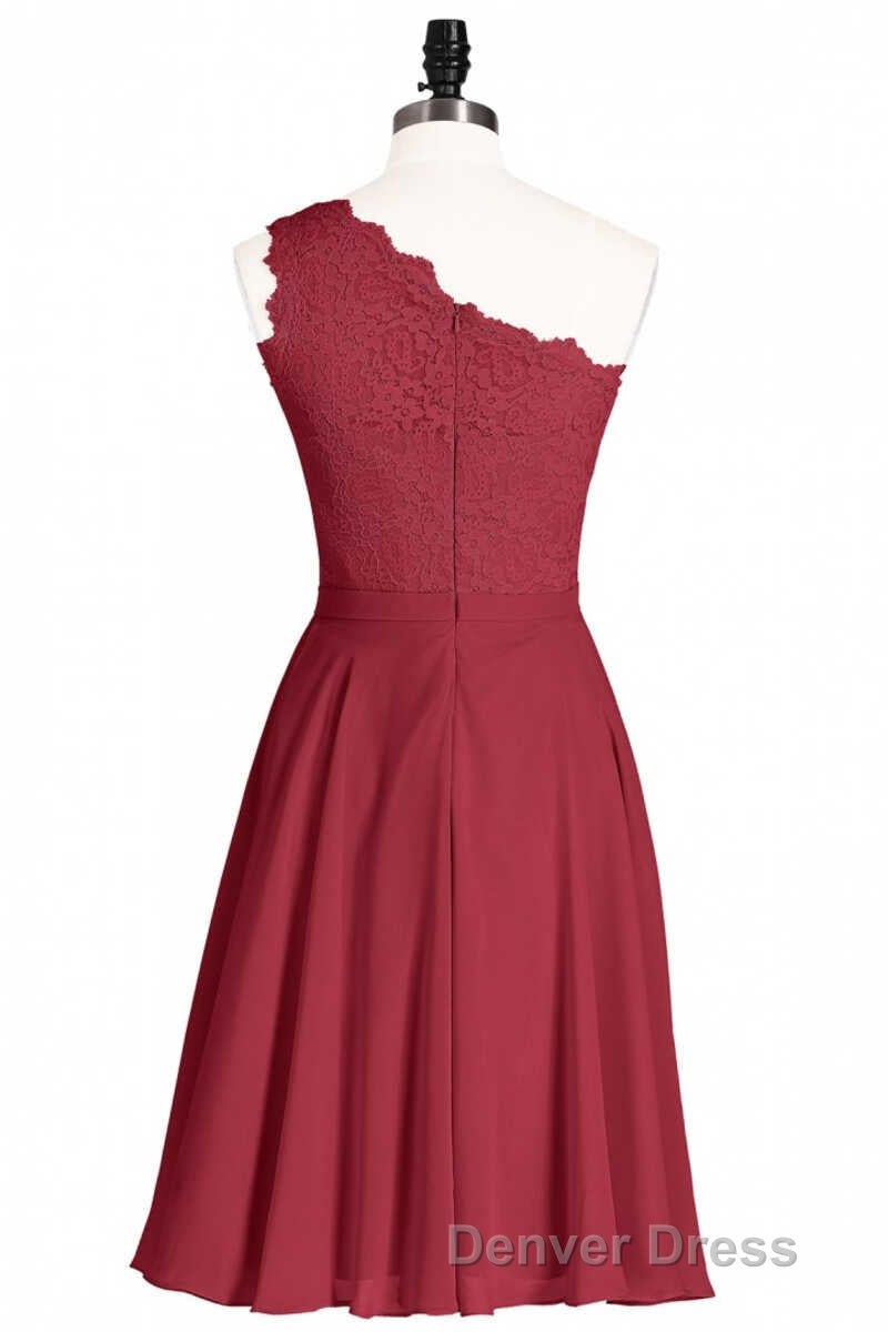 One Shoulder Burgundy Lace A Line Short Bridesmaid Dresses Secondary image