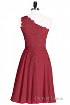 One Shoulder Burgundy Lace A Line Short Bridesmaid Dresses