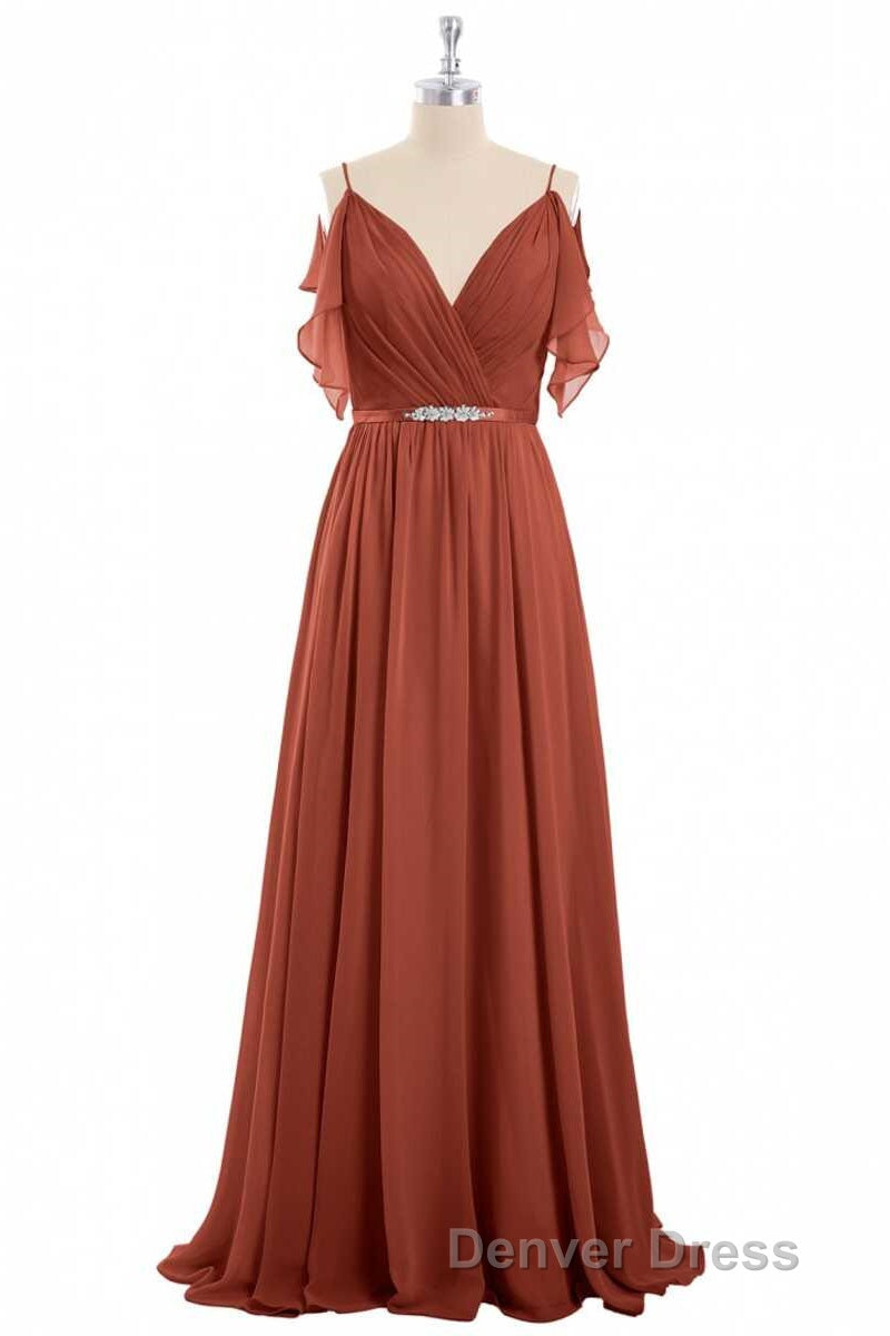 Rust Orange Chiffon Cold-Shoulder Long Bridesmaid Dresses