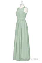 Sage Green Chiffon Sheer Neck A-Line Long Bridesmaid Dresses