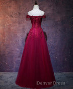 Burgundy Tulle Lace Off Shoulder Long Prom Dress, Burgundy Lace Prom Dresses