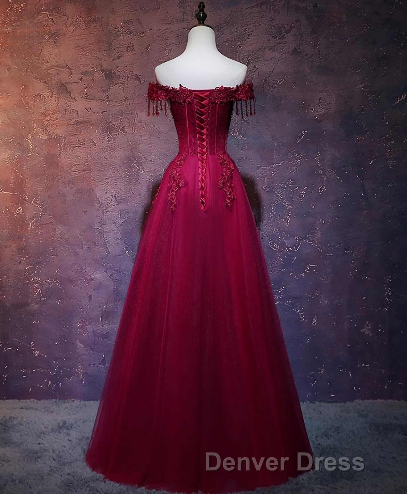 Burgundy Tulle Lace Off Shoulder Long Prom Dress, Burgundy Lace Prom Dresses