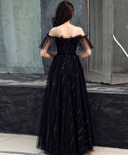 Black Tulle Off Shoulder Long Prom Dress, Black Prom Dresses