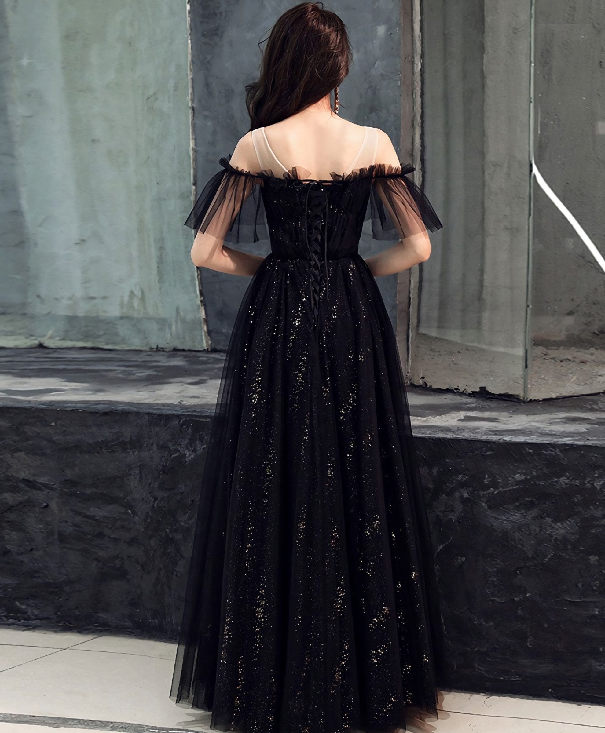 Black Tulle Off Shoulder Long Prom Dress, Black Prom Dresses