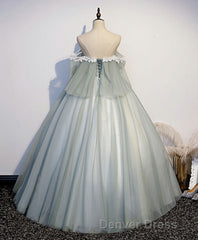 Green Tulle Lace Long Prom Dresses, Green Tulle Sweetheart Dresses