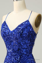 Royal Blue Sheath Lace Up V Neck Sequins Homecoming Dresses