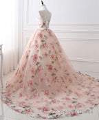 Pink Round Neck Tulle Lace Long Prom Dresses, Pink Long Prom Gowns