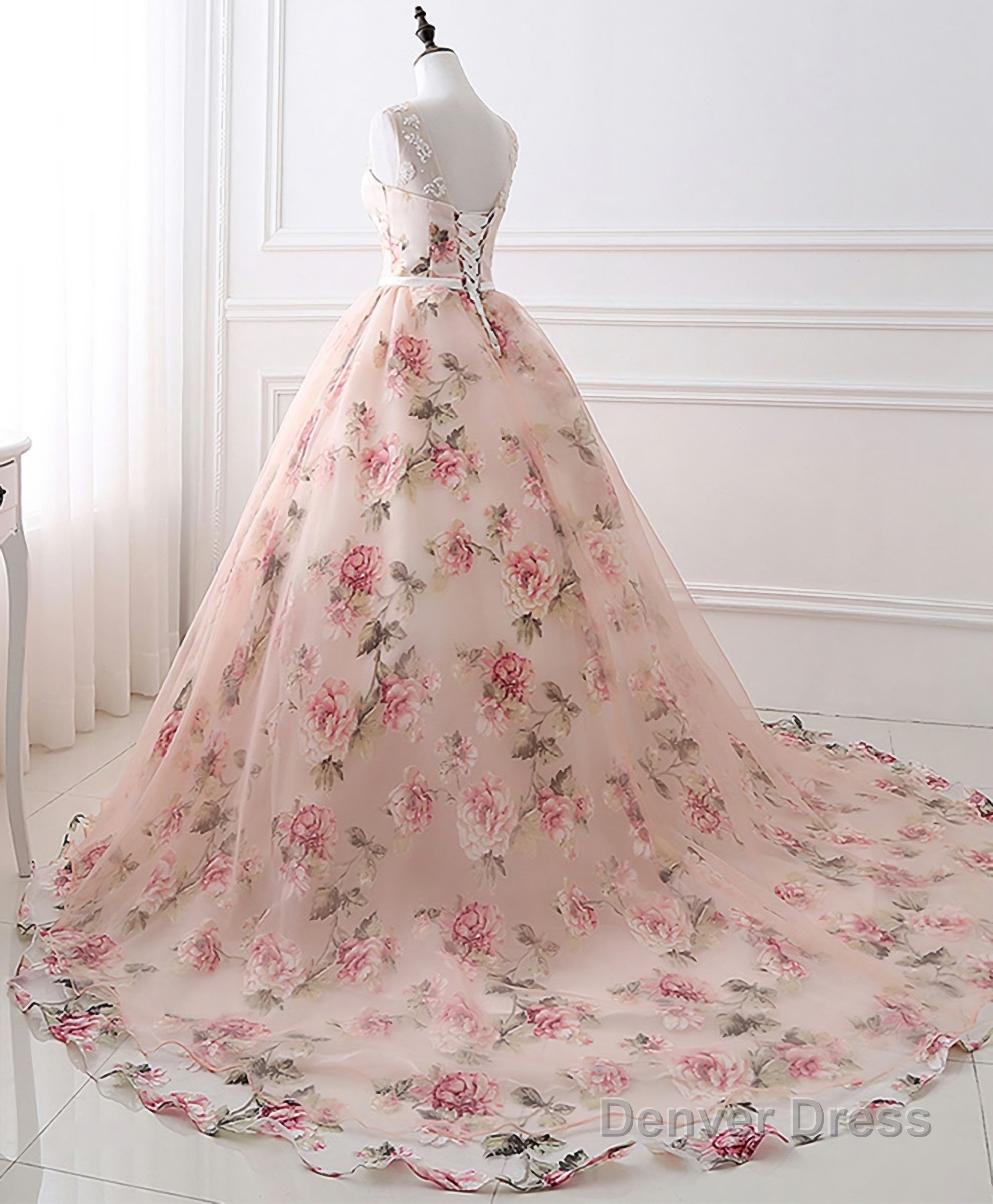 Pink Round Neck Tulle Lace Long Prom Dresses, Pink Long Prom Gowns