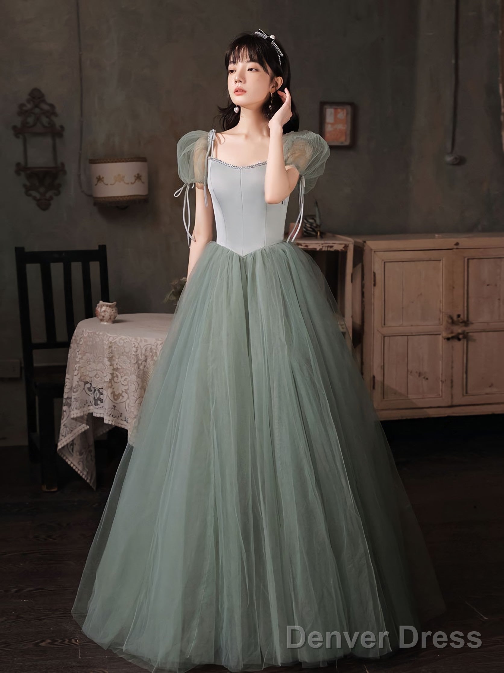 Gray Green Tulle Long Prom Dress Green Tulle Prom Dresses