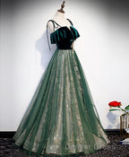 Green Tulle Lace Long Prom Dress, Green Tulle Lace Prom Dresses, 1
