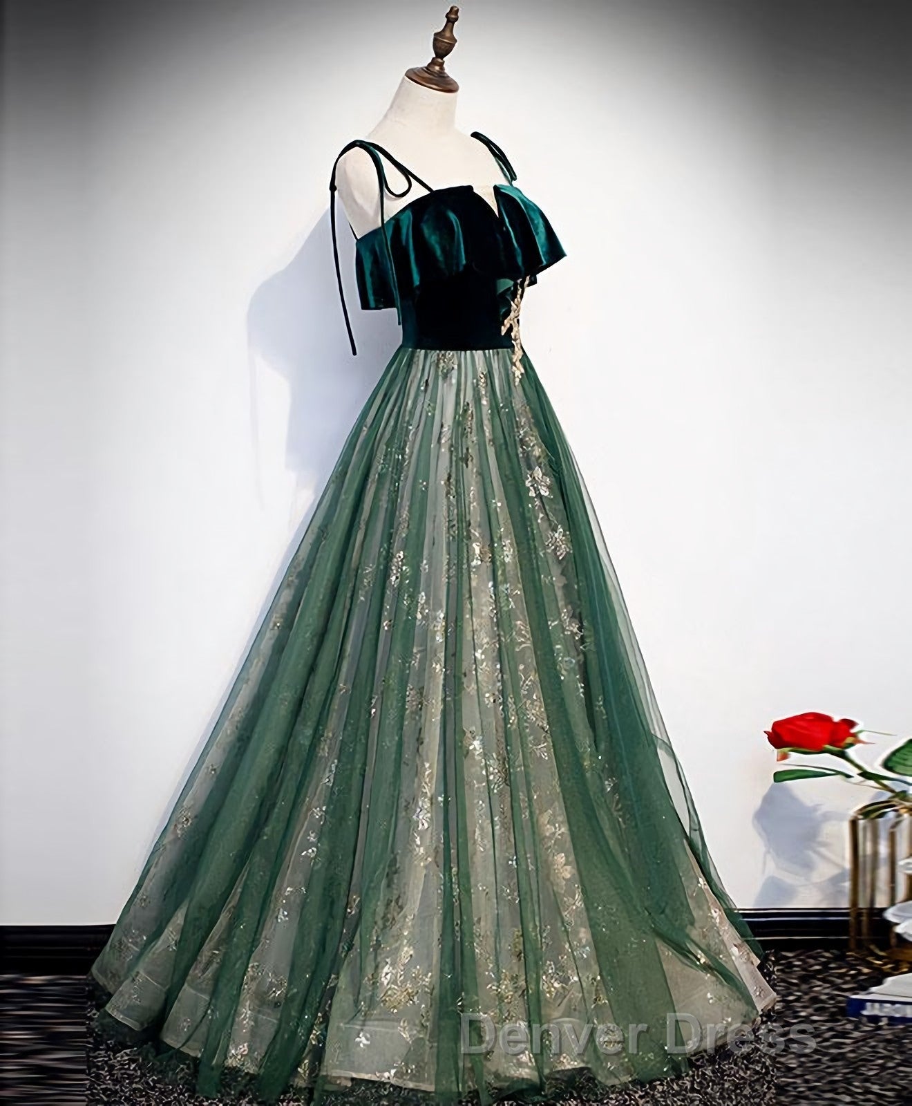 Green Tulle Lace Long Prom Dress, Green Tulle Lace Prom Dresses, 1