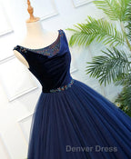 Dark Blue Tulle Long Prom Dresses, Dark Blue Tulle Evening Dresses