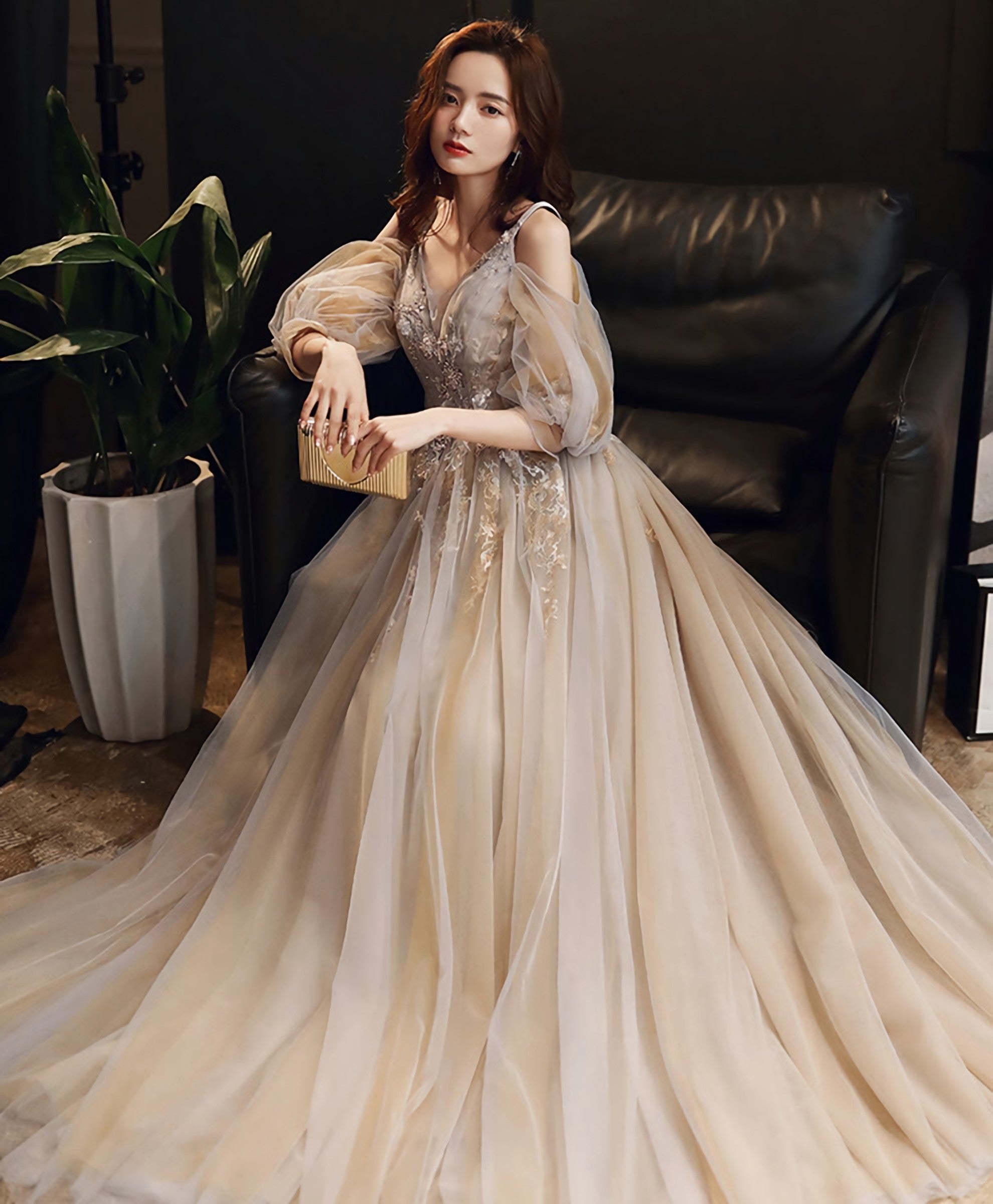 Champagne V Neck Tulle Lace Long Prom Dress Champagne Prom Dresses