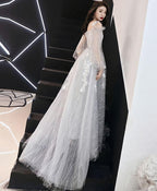 Gray Tulle Lace Long Prom Dress Gray Tulle Prom Dresses 3