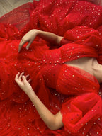 Red V Neck Tulle Tea Length Prom Dress Red Prom Dresses