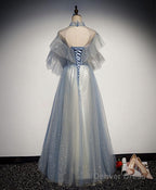 Light Blue Tulle Lace Long Prom Dress, Tulle Prom Dresses