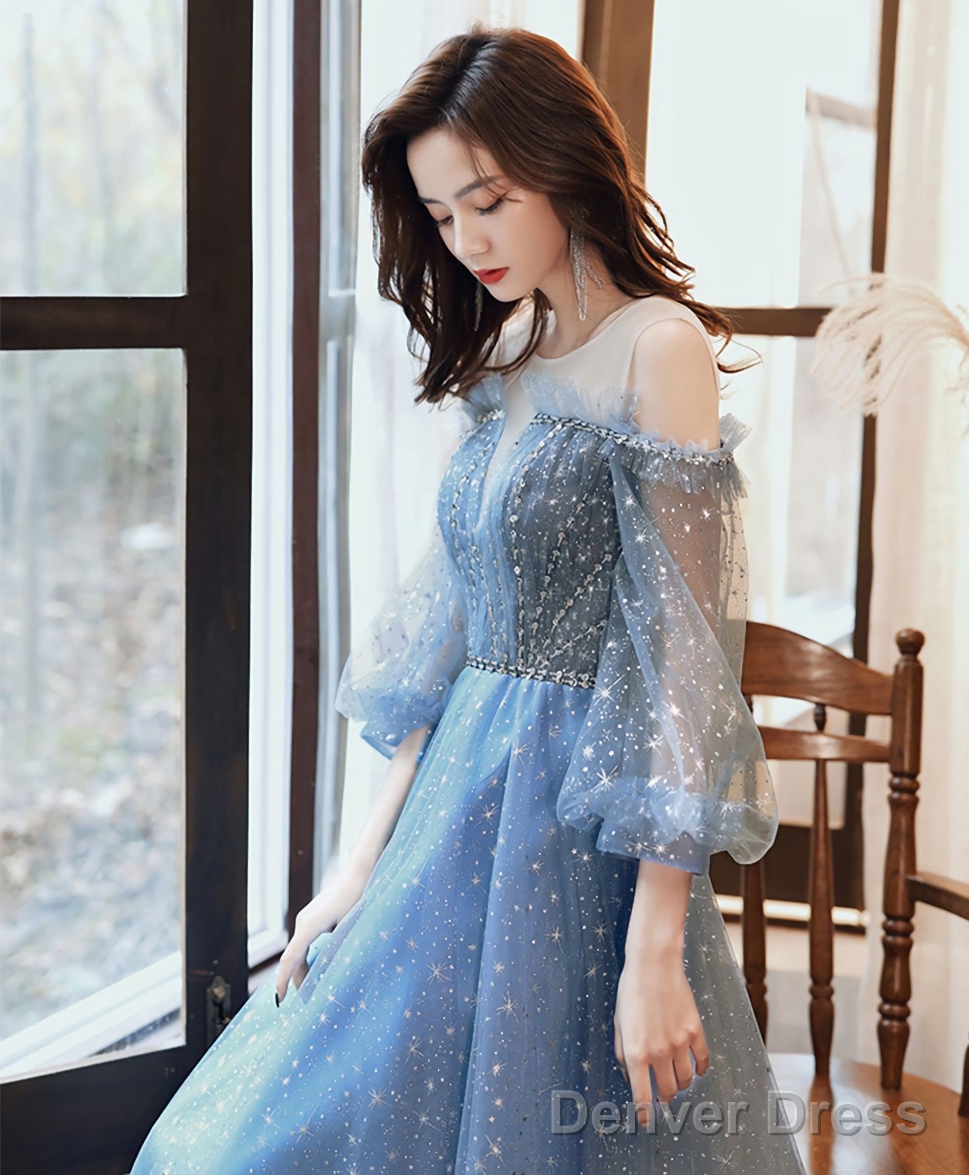 Blue Round Neck Tulle Sequin Long Prom Dress Tulle Evening Dress