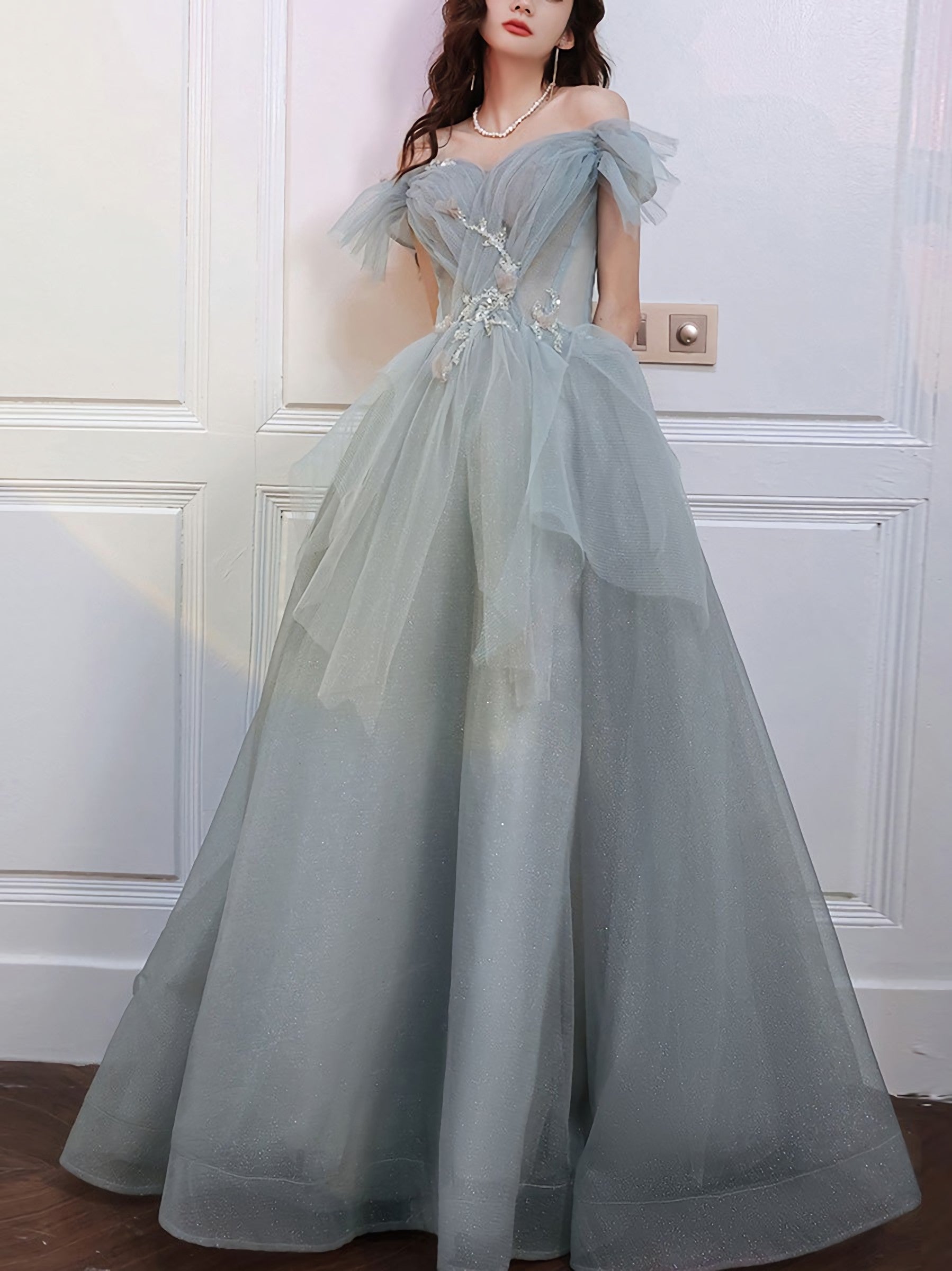 Gray Blue Sweetheart Neck Tulle Long Prom Dress Gray Prom Dresses