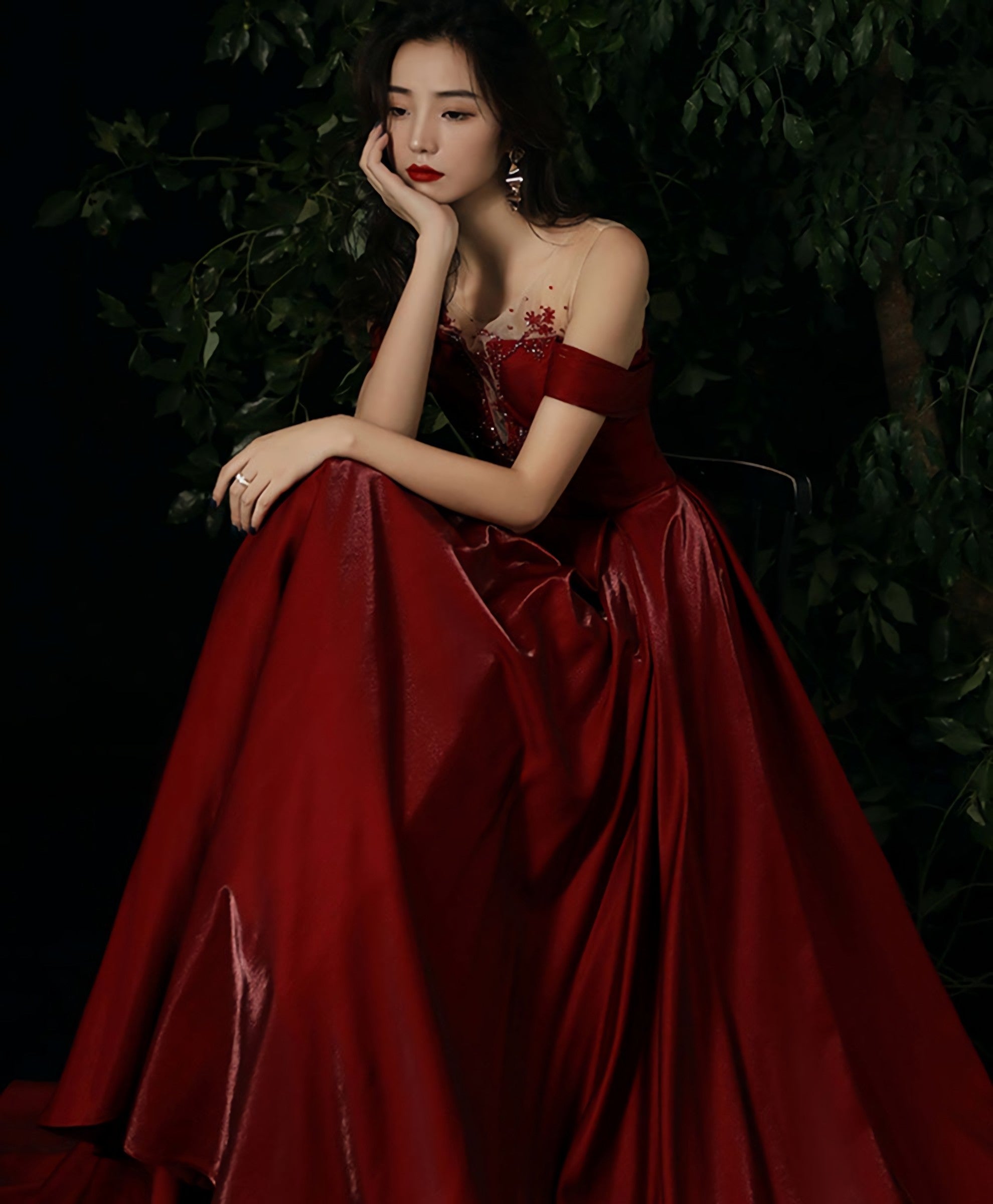 Burgundy Round Neck Beads Long Prom Dress Burgundy Prom Dresses