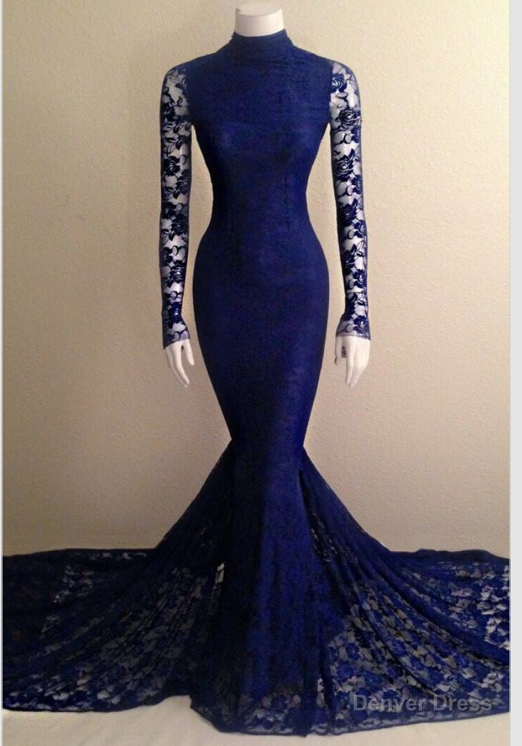 2026 Mermaid Long Sleeves Royal Blue Lace High Neck Long Prom Dresses Main image