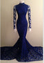 2026 Mermaid Long Sleeves Royal Blue Lace High Neck Long Prom Dresses