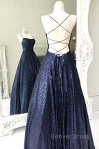 Long Navy Blue Sequin Prom Dresses
