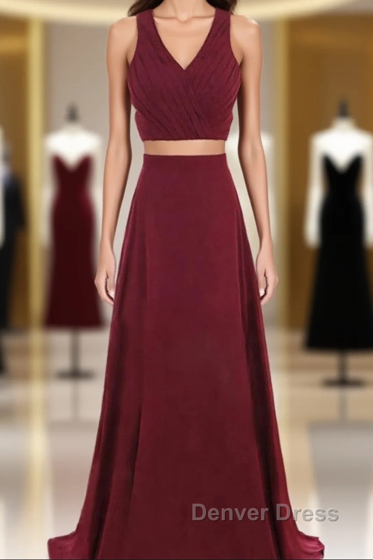 Two Piece Prom Dresses A-Line Floor-length Burgundy Chiffon Prom Dresses Main image