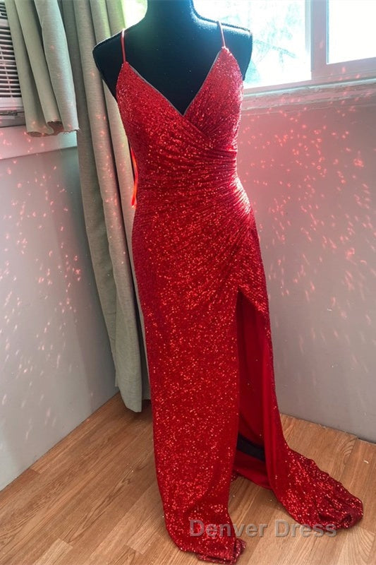 High Slit Blue Sequins Straps Mermaid Prom Dresses