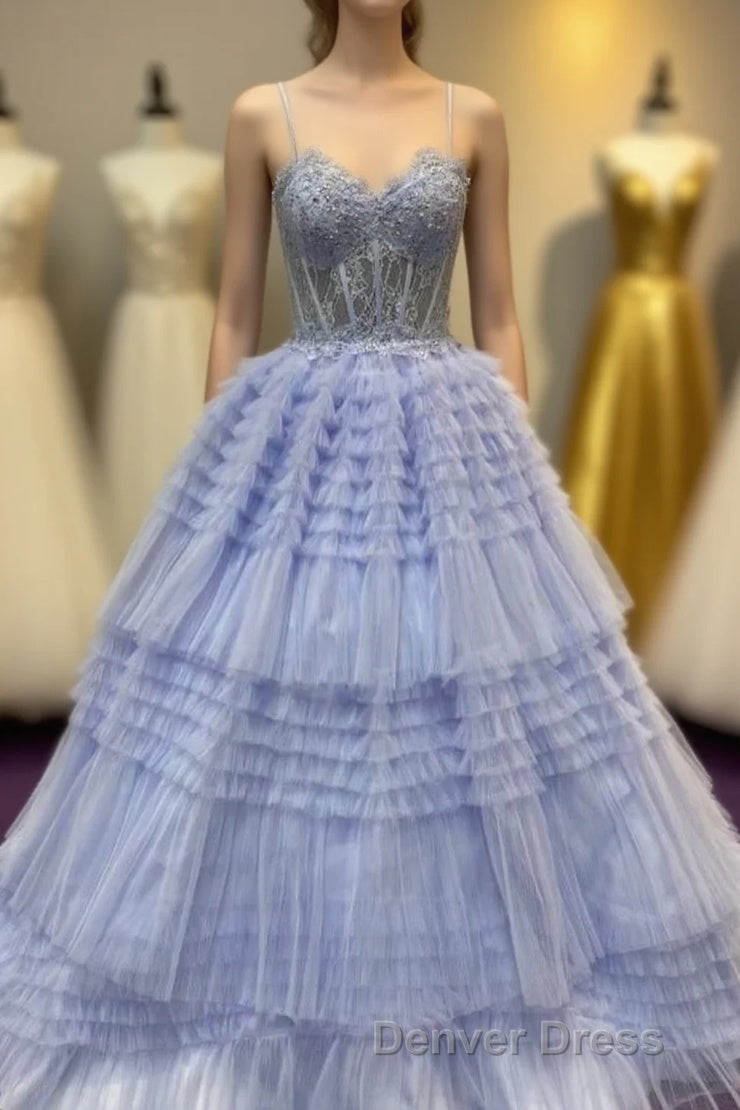 Periwinkle Lace Sweetheart Tiered Long Prom Dresses with Ruffles Main image