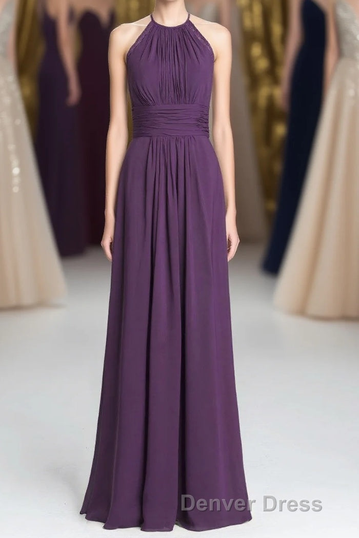 Purple Halter A-line Pleated Long Bridesmaid Dresses Main image