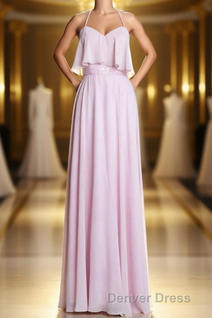 Pink Straps Flounce Chiffon A Line Long Bridesmaid Dresses Main image
